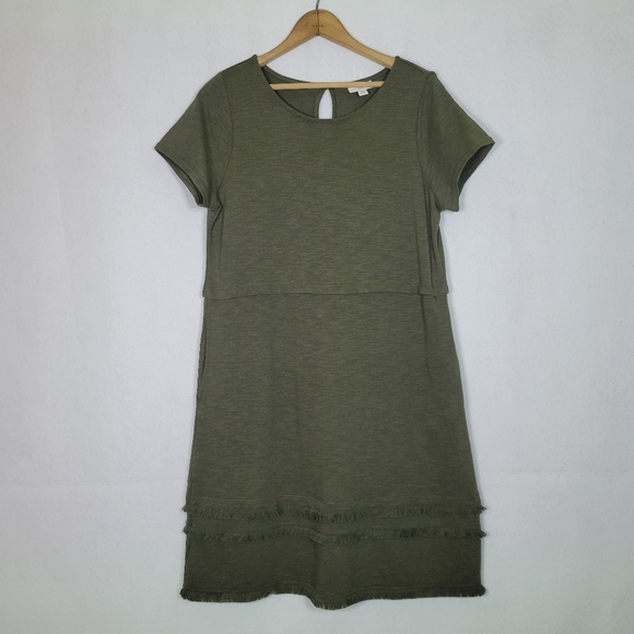 J. Jill Dresses & Skirts - J. Jill Olive Green Slub Knit Short Sleeve Fringe Trim Dress Size Medium Petite